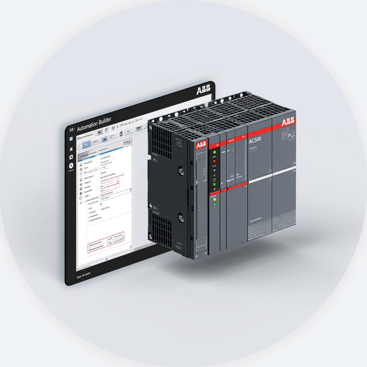 ABB PLC programming with AC500 controller Automation Builder software and red white branding for modular control systems