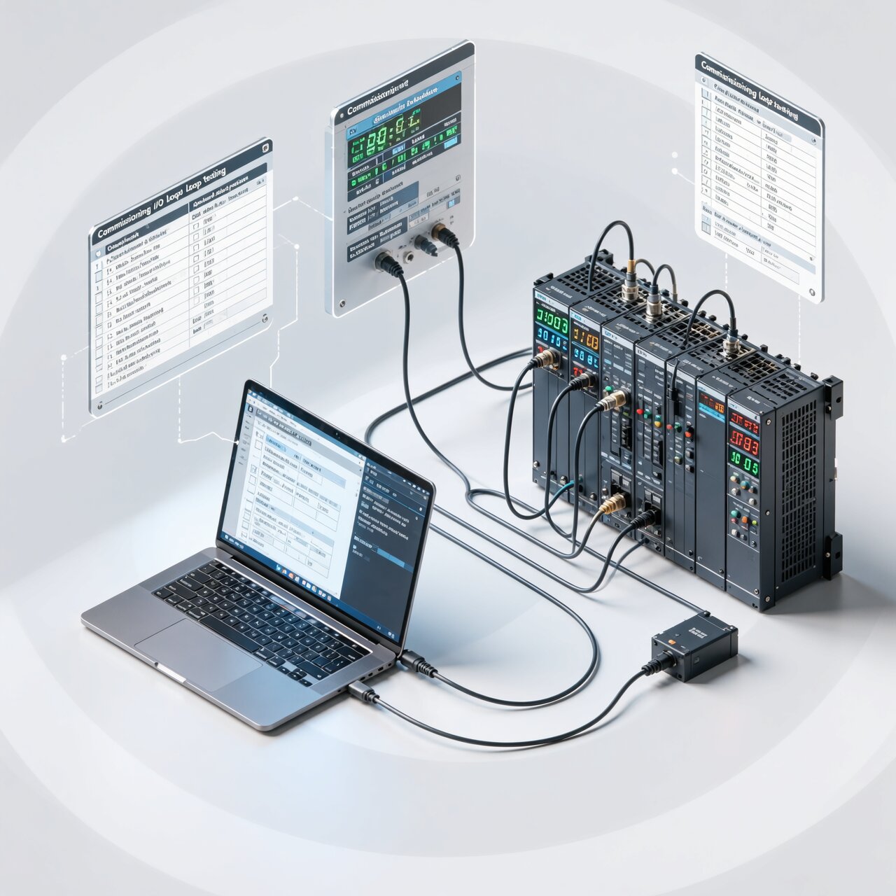Control system commissioning with laptop performing IO checkout signal verification loop testing and professional startup procedures