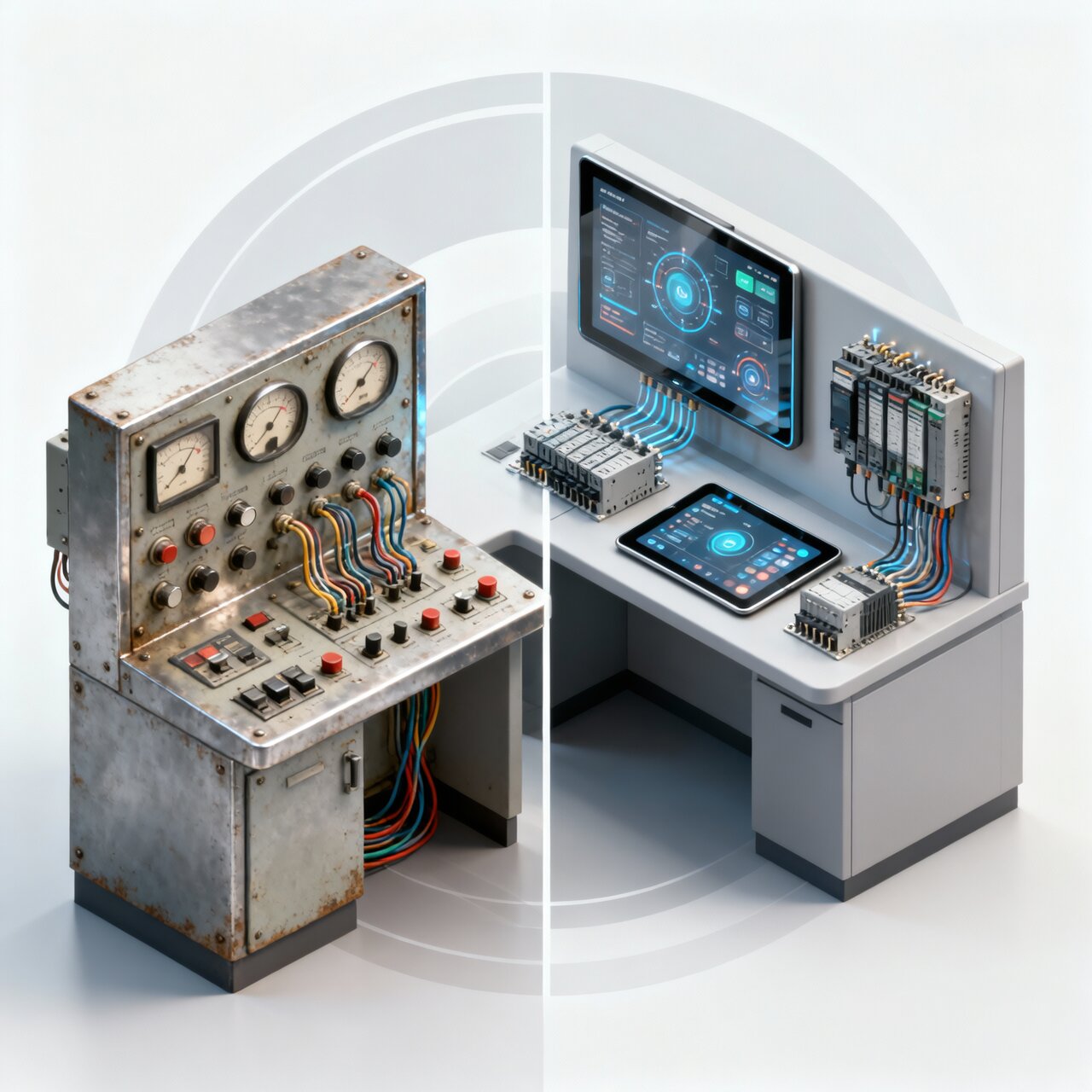 Control system modernization showing transformation from legacy analog controls to modern digital HMI touchscreens and networked PLCs