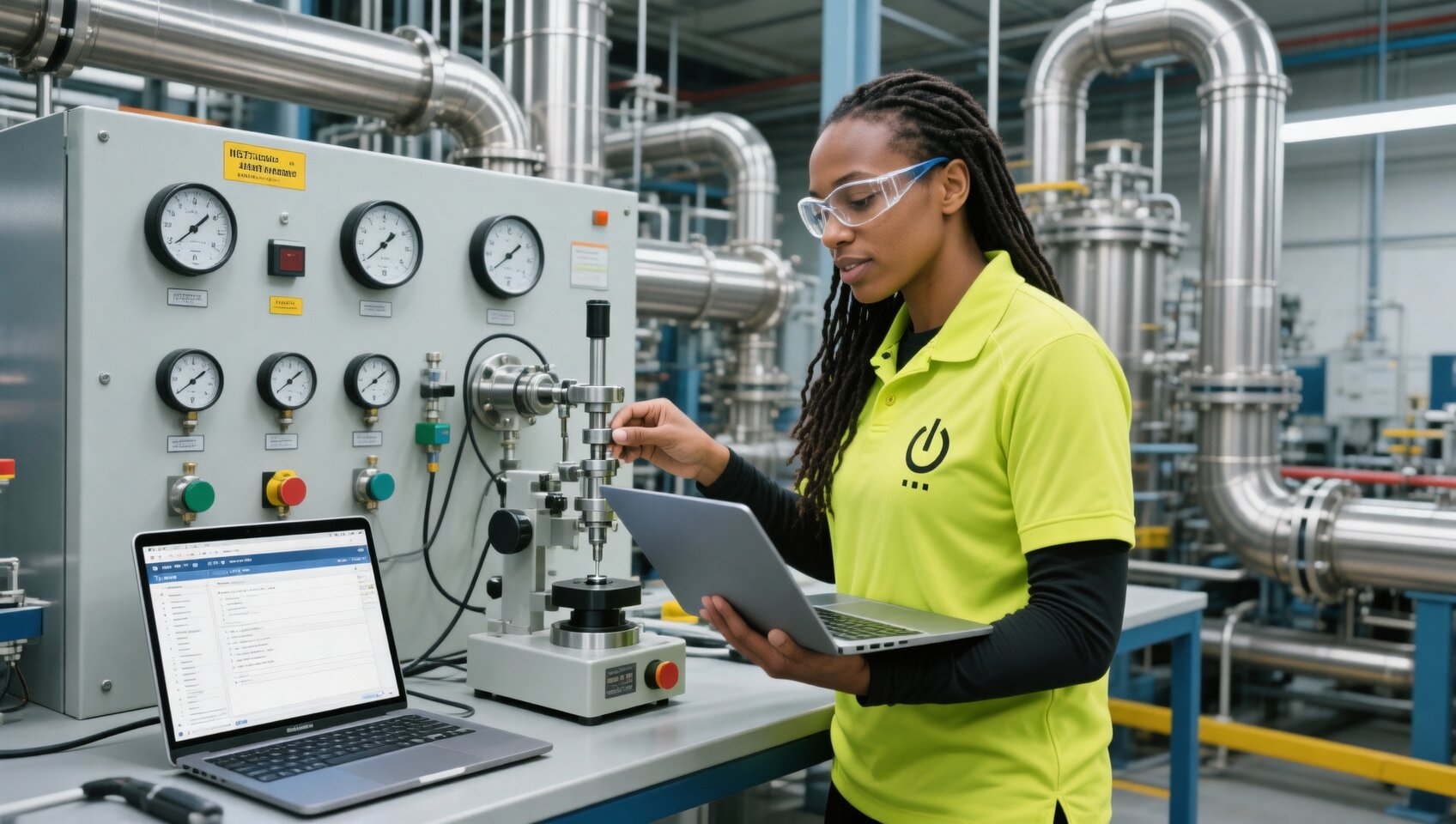 ELEKproTEK technician performing NIST-traceable pressure transmitter calibration with dead weight tester at industrial facility