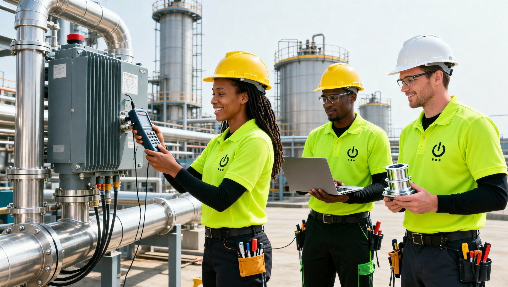 ELEKproTEK diverse instrumentation team performing field calibration with HART communicator and loop checking at industrial plant