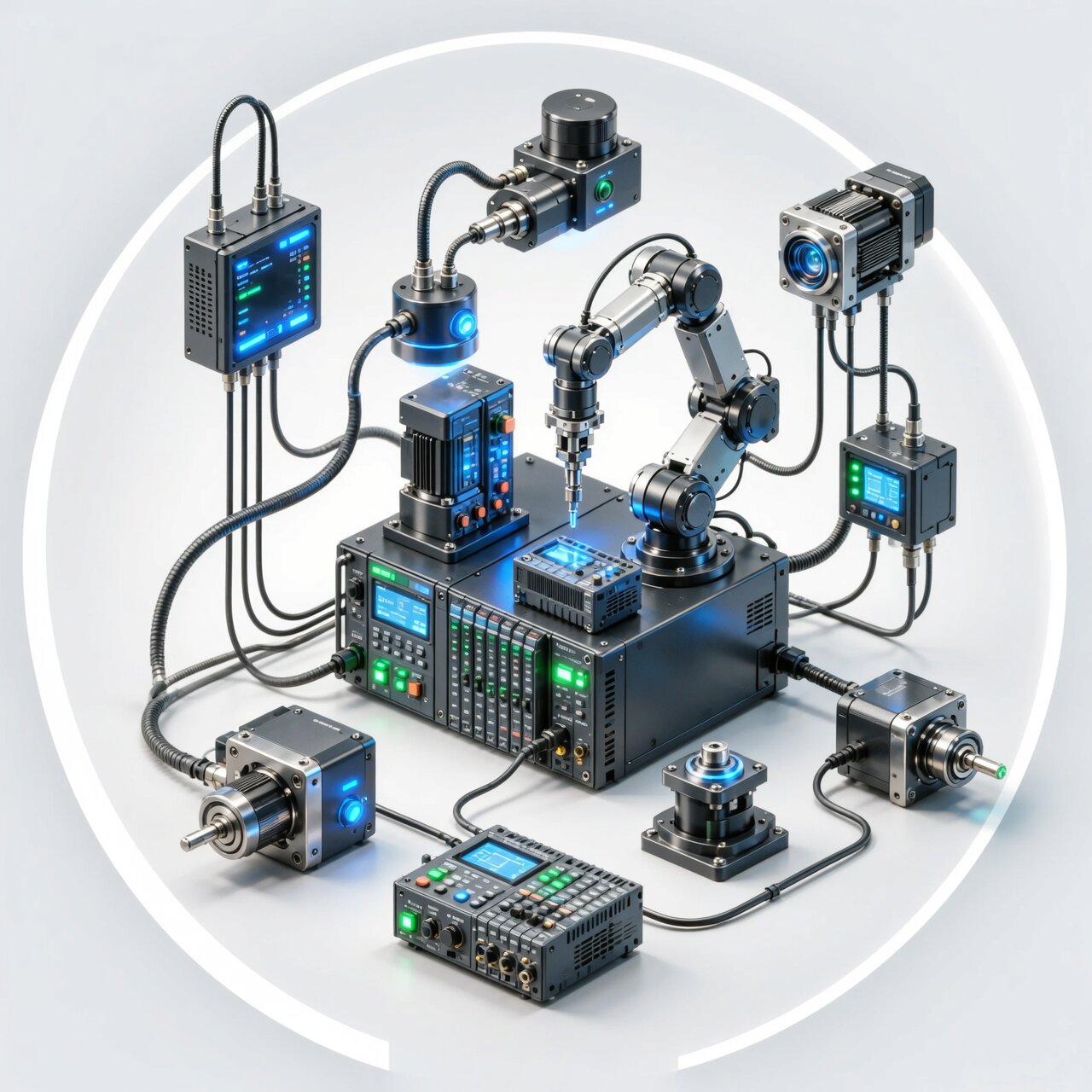 Industrial automation systems with robotic controls PLC integration and sensors for manufacturing automation