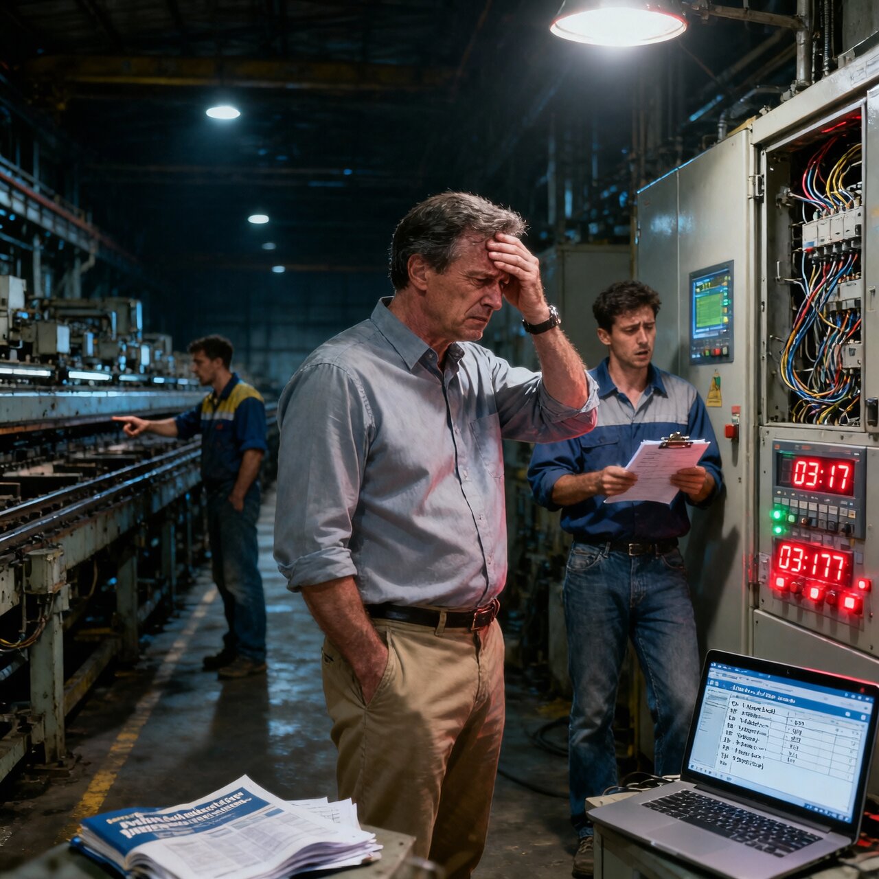 Plant manager dealing with industrial control system emergency and manufacturing downtime requiring PLC repair services