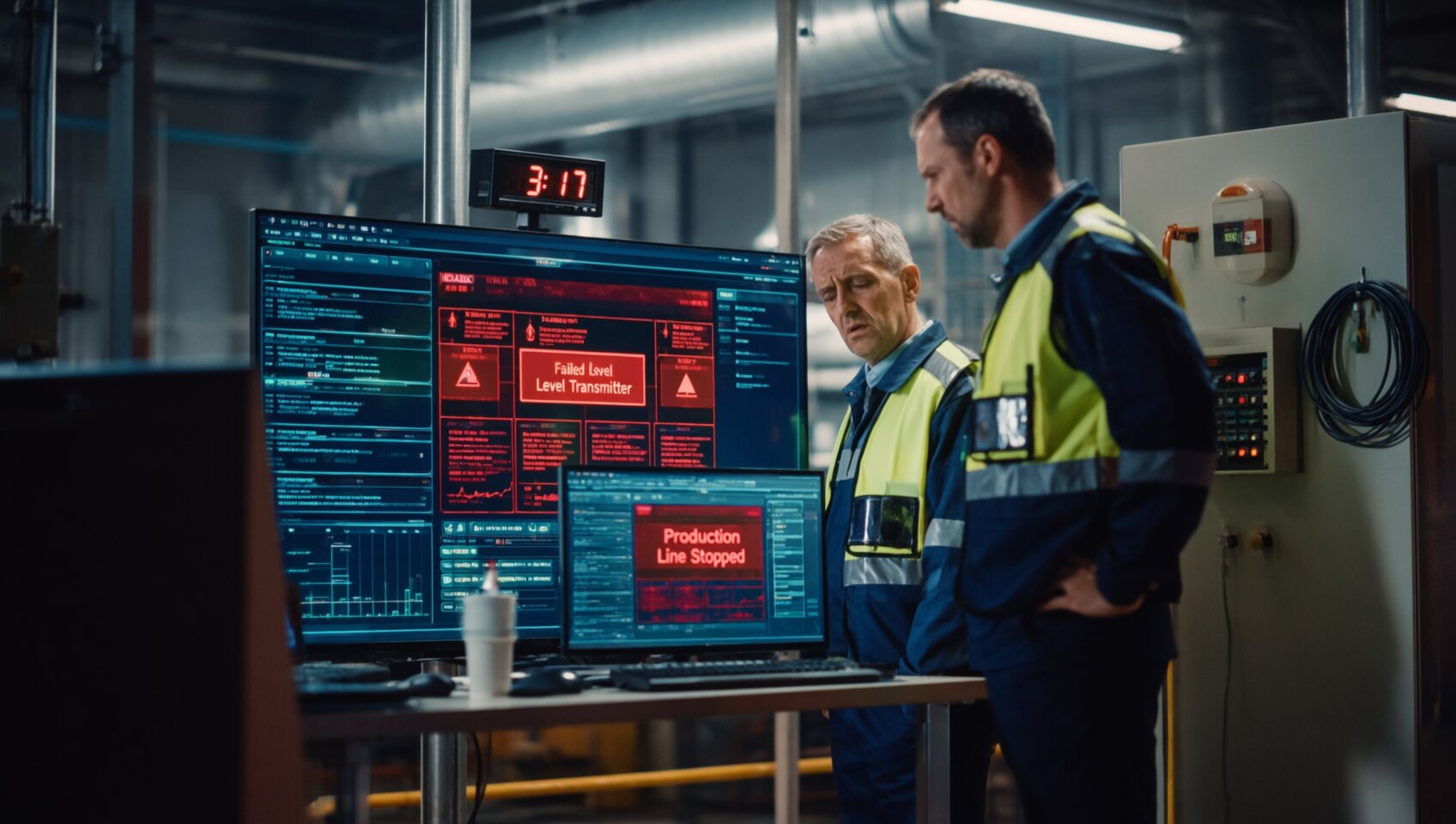 Plant manager and technician dealing with emergency instrumentation failure at 3 AM causing production line shutdown and downtime