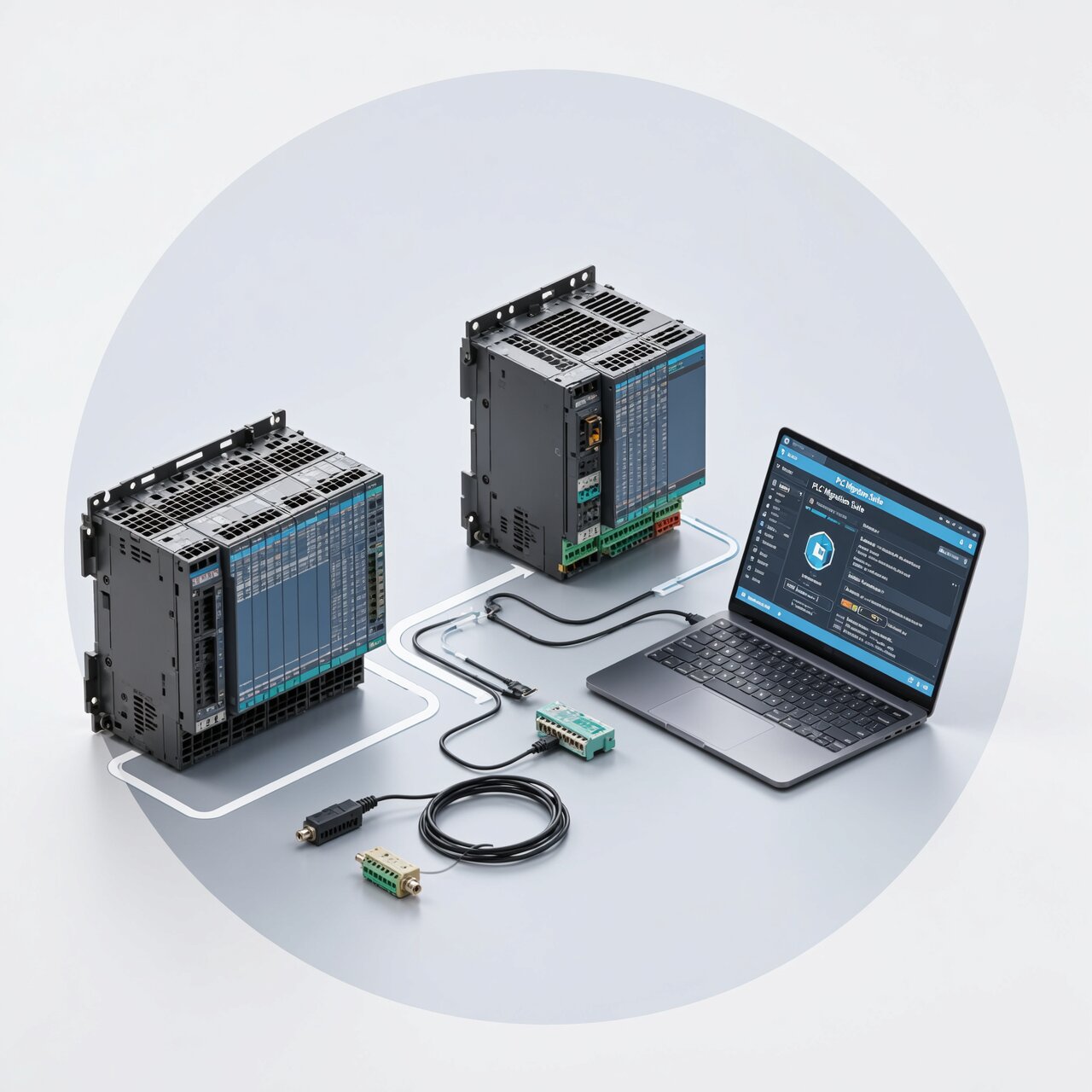 Legacy PLC migration showing obsolete discontinued controller being replaced with modern equivalent and conversion software tools