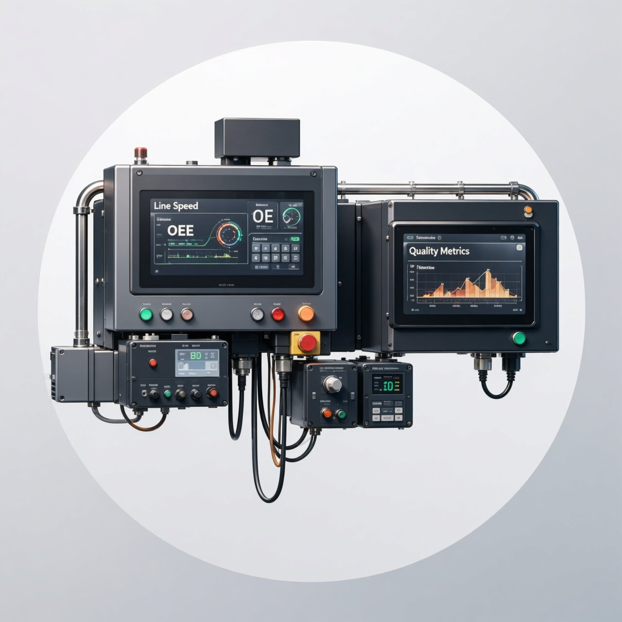 Manufacturing process control with production line monitoring OEE tracking and real-time quality metrics displays