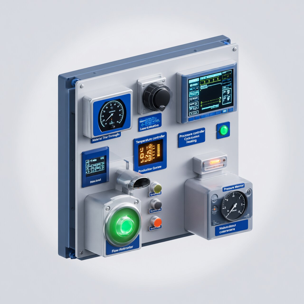 Manufacturing process instrumentation with production flow meter quality measurement sensors temperature control and automated process monitoring