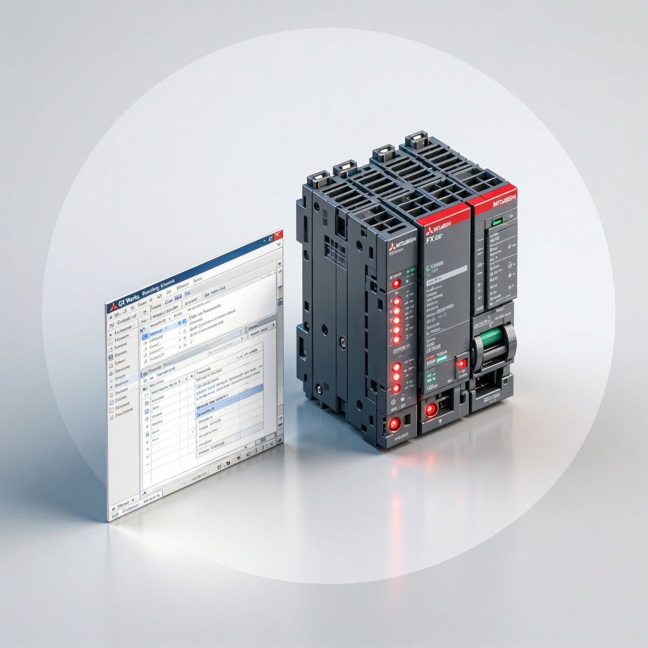 Mitsubishi PLC programming with FX or Q-series controller GX Works software and red branding for compact automation