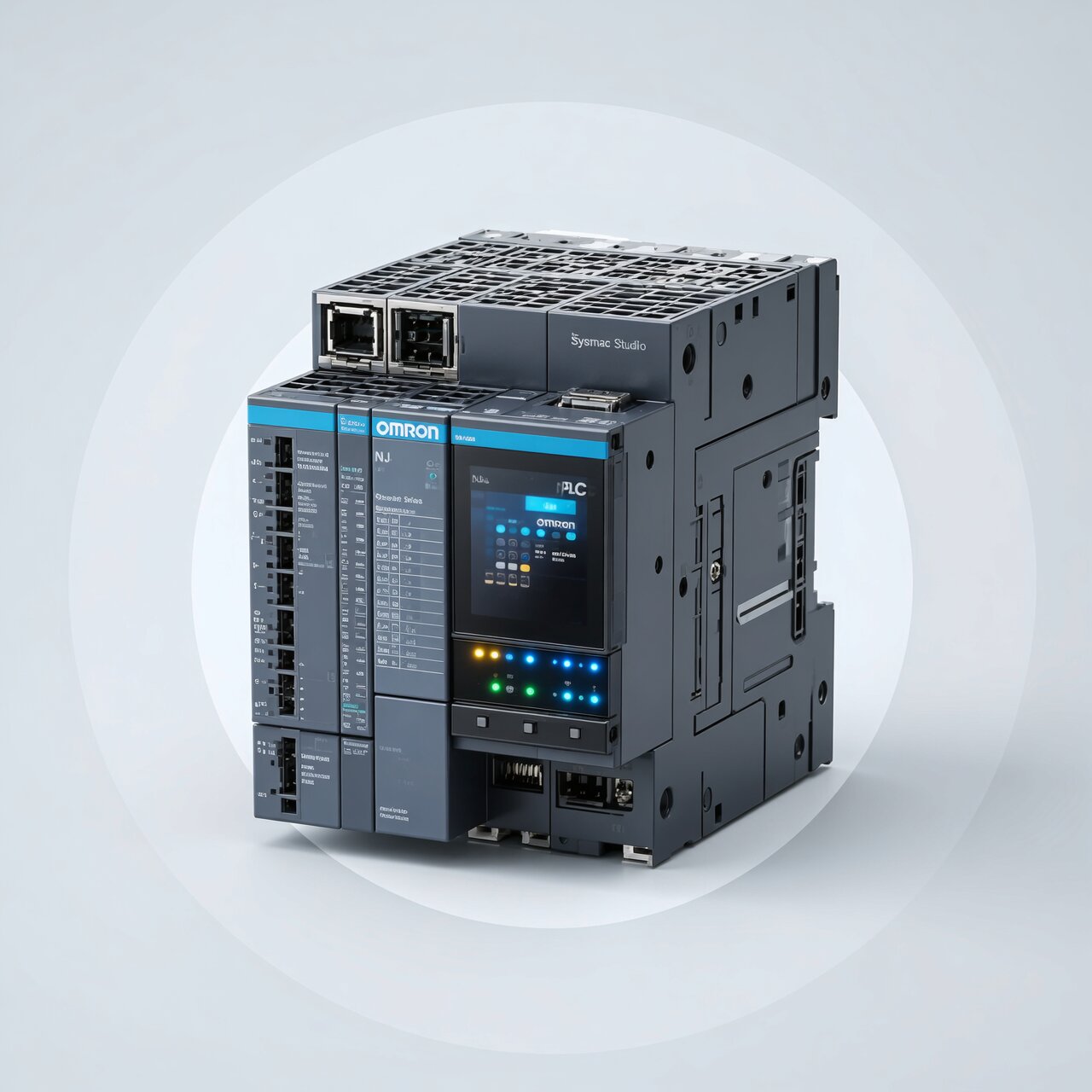 Omron PLC programming with NJ-series controller Sysmac Studio software and blue branding for machine automation control