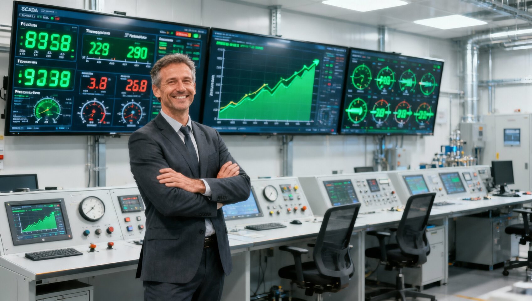Confident facility manager monitoring optimized SCADA system with reliable instrumentation showing smooth process performance metrics