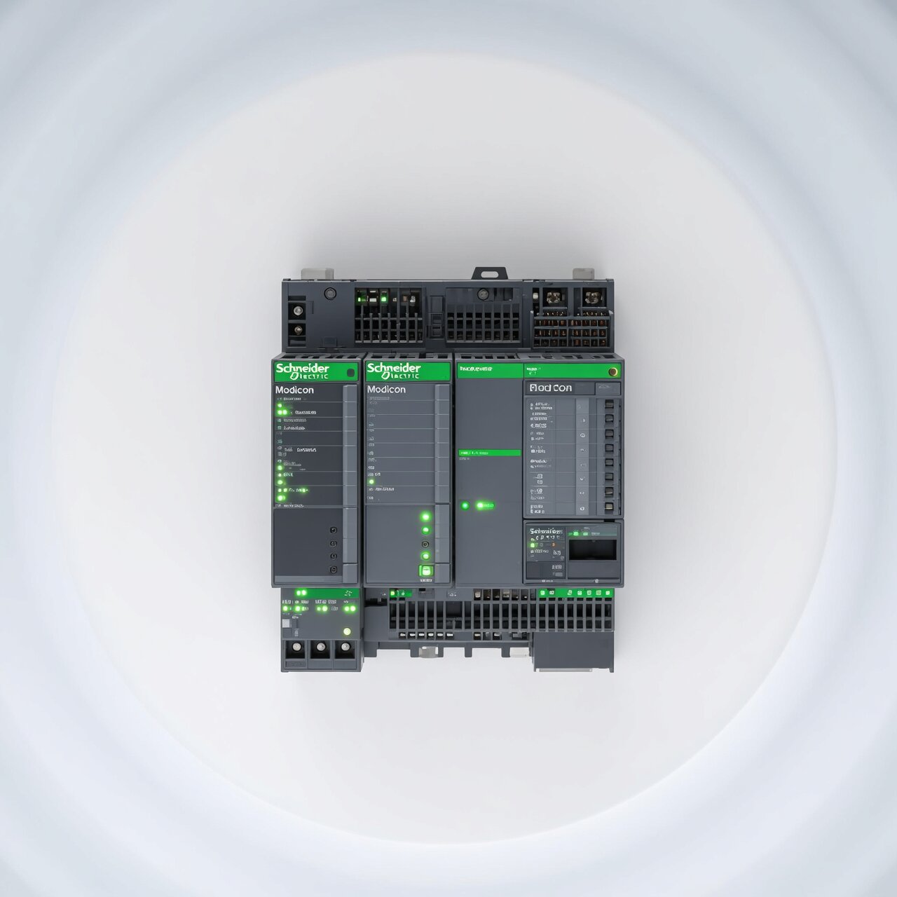 Schneider Electric PLC programming with Modicon controller Unity Pro software and green status LEDs for industrial automation