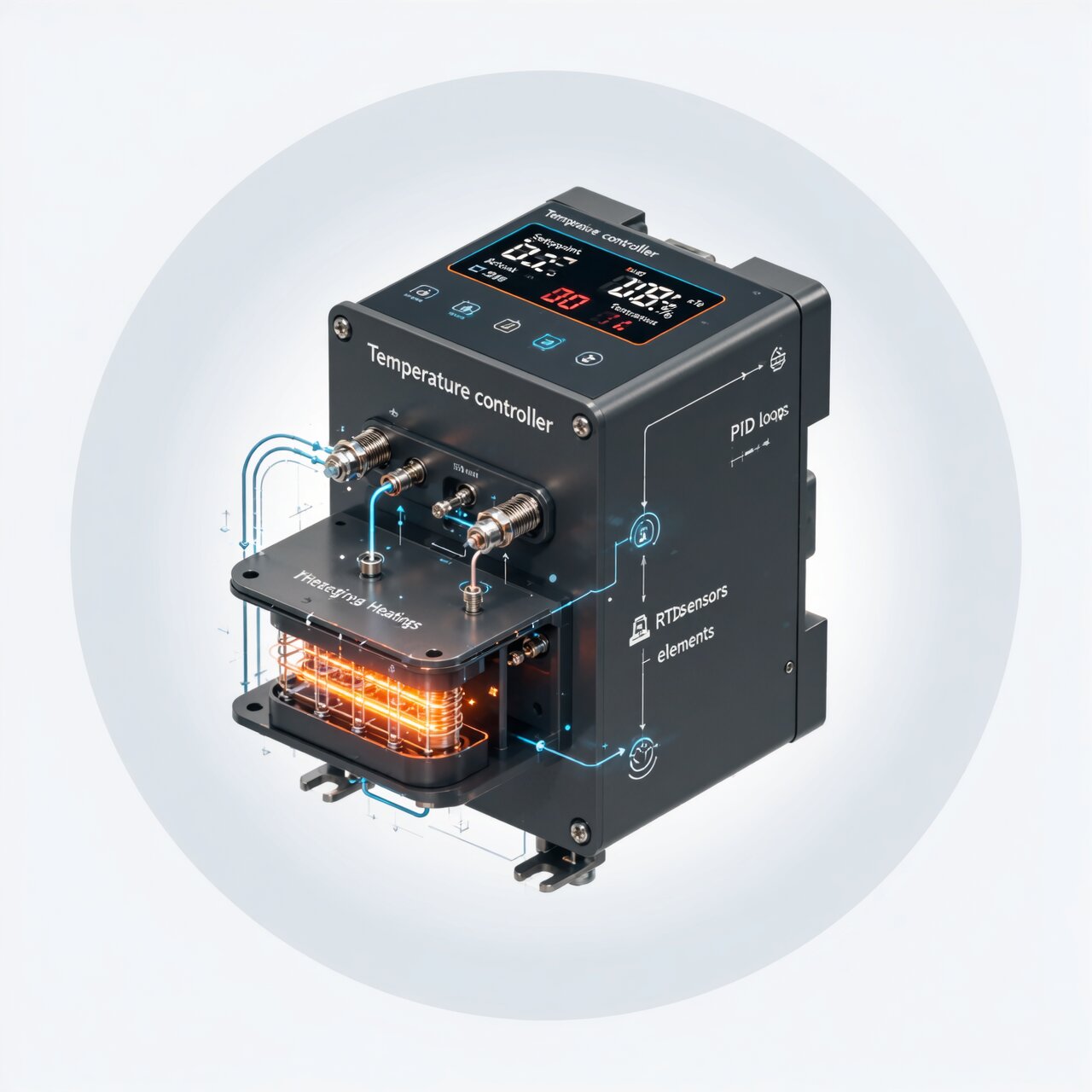 Temperature control systems with PID controller RTD temperature sensors and heating elements for closed-loop process control