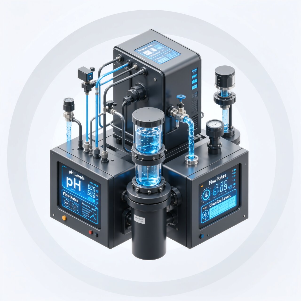 Water treatment plant control systems with flow monitoring pH control and automated chemical dosing for municipal treatment