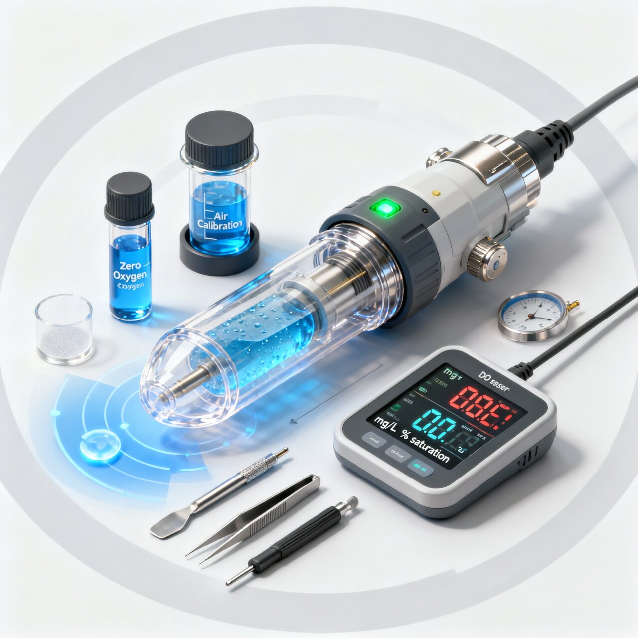 Dissolved oxygen sensor calibration with membrane inspection electrolyte verification and zero oxygen air saturation calibration