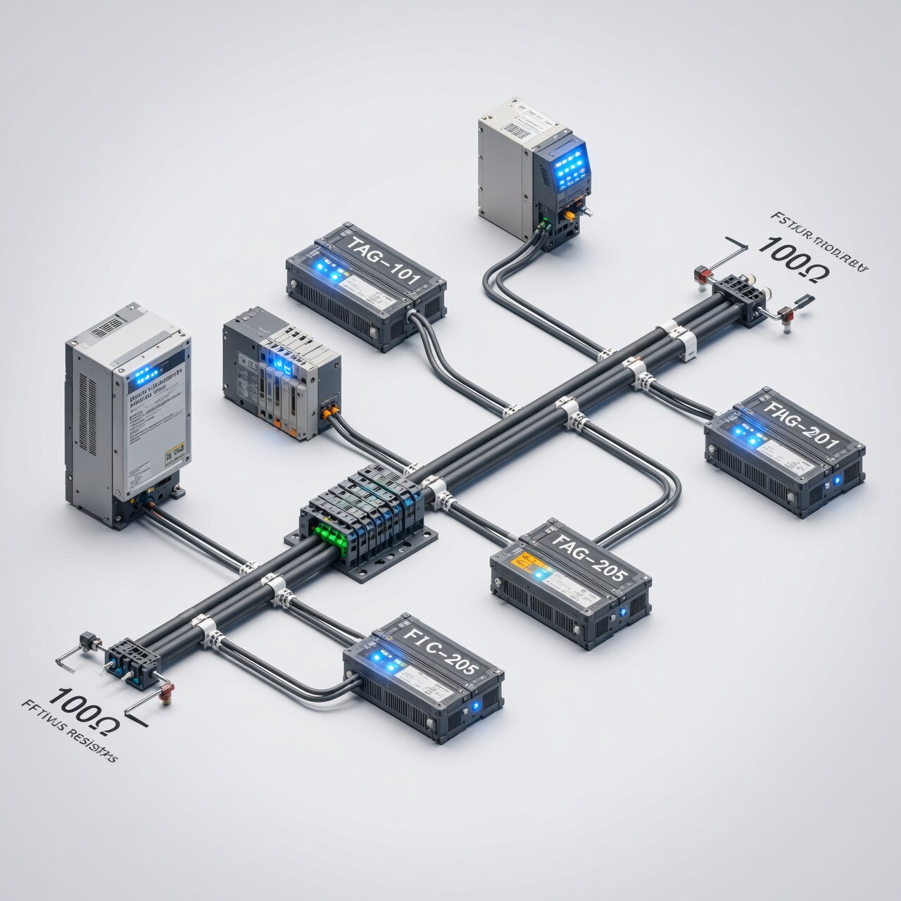 Foundation Fieldbus network with trunk cable termination resistors spur connections and fieldbus devices showing digital communication topology