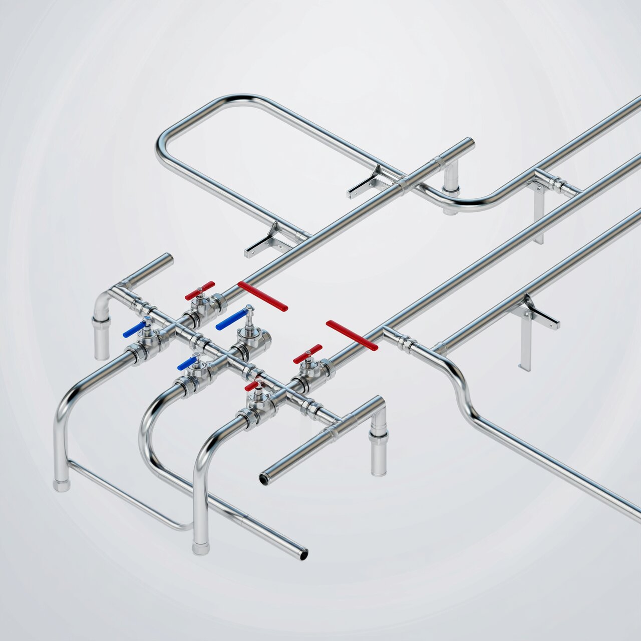 Impulse piping installation with proper slope three-valve manifold condensate legs and support brackets for pressure measurement