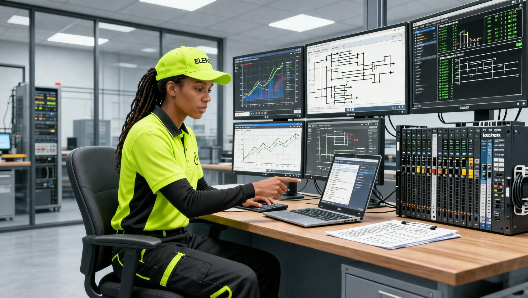 ELEKproTEK controls engineer programming Allen-Bradley PLC and SCADA system at Charleston industrial facility control room automation