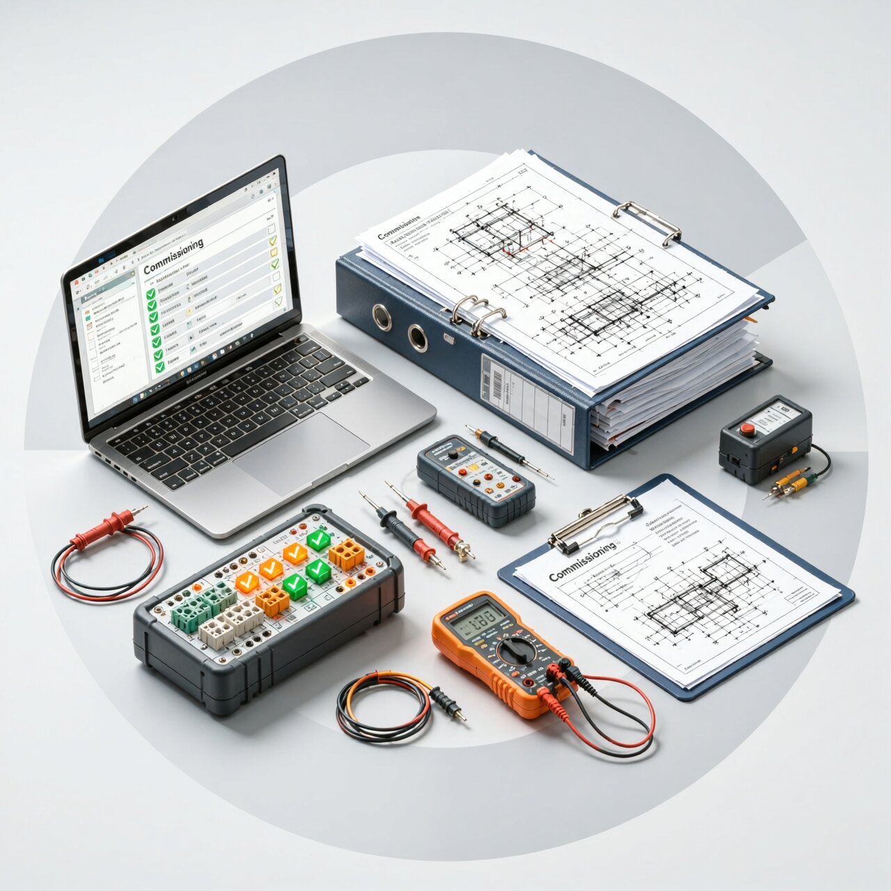 Instrumentation commissioning with I/O checkout testing equipment and documentation for professional system startup verification
