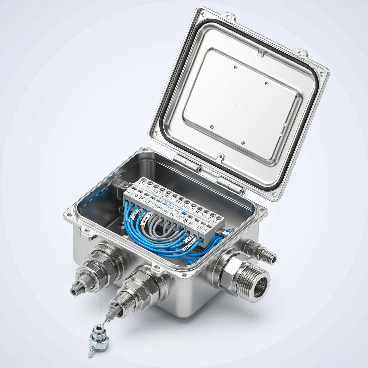 Junction box installation with NEMA 4X weatherproof enclosure organized terminal strip and proper cable entry seals for instruments