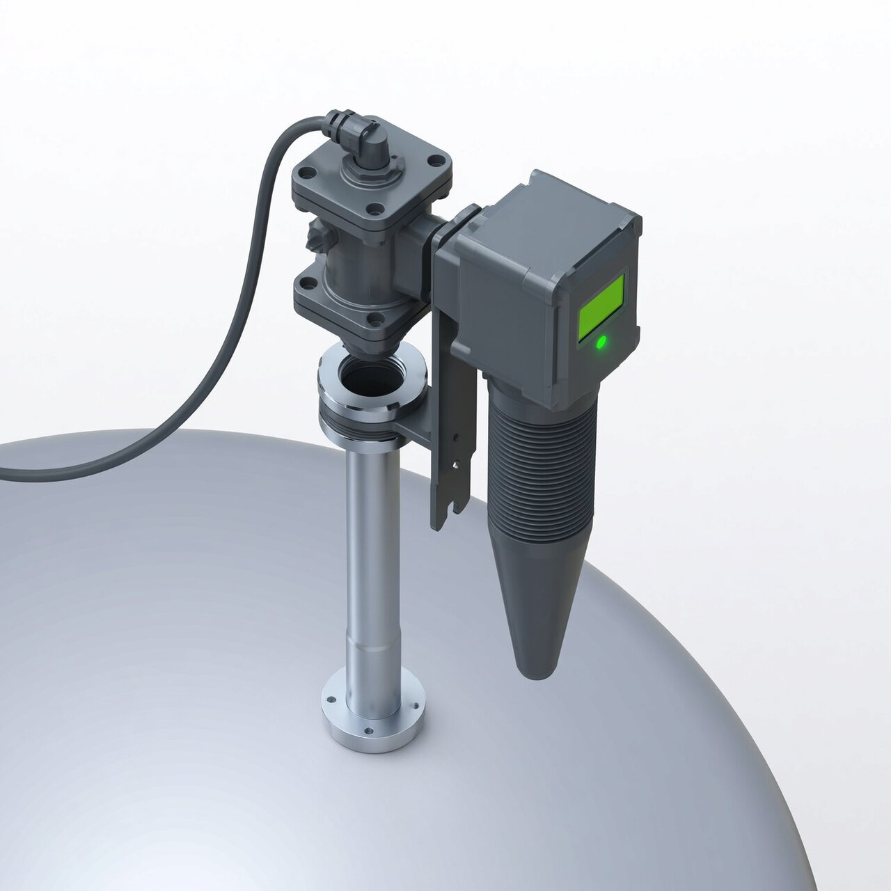 Level transmitter installation on tank nozzle with proper mounting orientation antenna alignment and electrical conduit connection