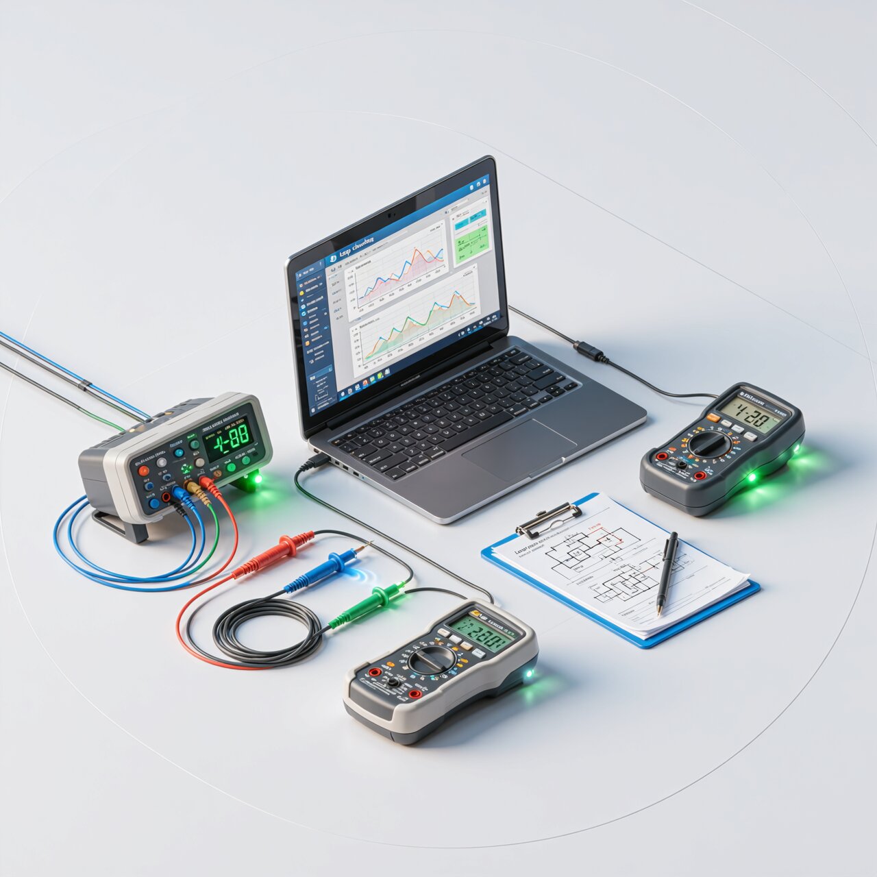 Loop checking services with laptop multimeter and signal generator verifying complete signal chain from sensor to PLC to control valve