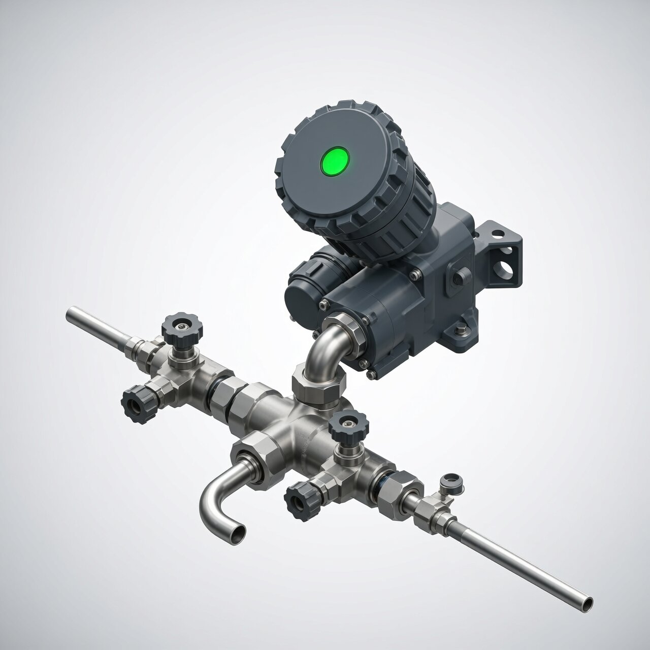 Pressure transmitter installation with proper impulse piping valve manifold condensate legs and mounting bracket for accurate measurement