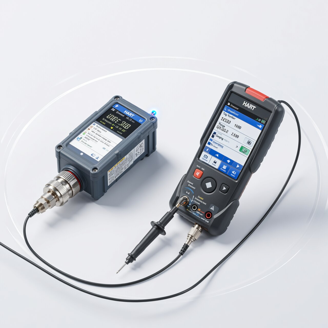 Smart transmitter programming with HART communicator showing configuration menu parameters and diagnostic data for field programming