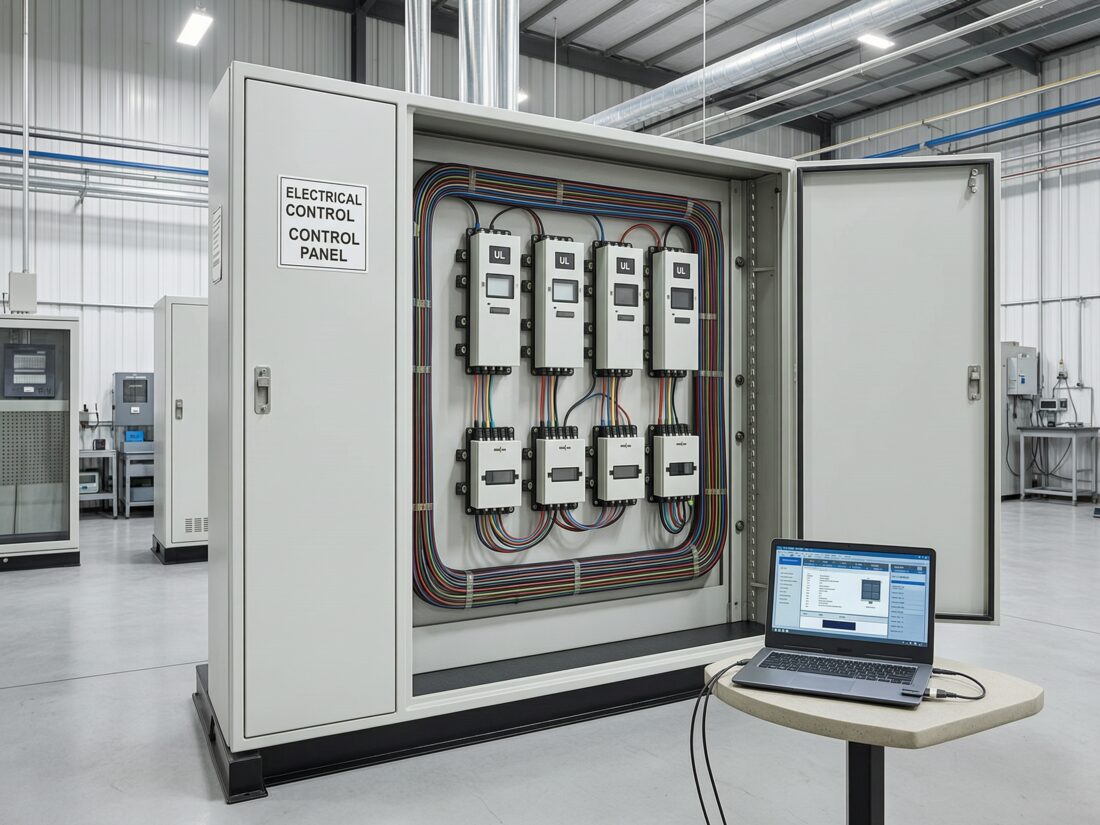 Commissioned industrial electrical control panel with organized wiring and diagnostic laptop, Charleston SC
