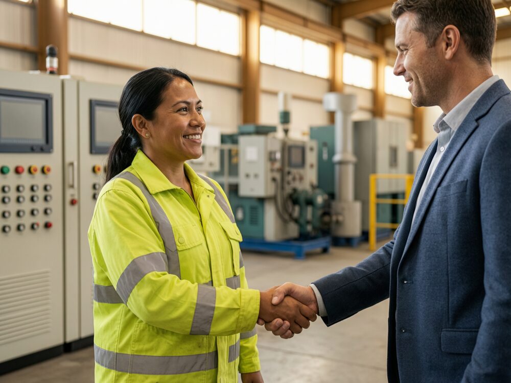 ELEKproTEK controls integrator shaking hands with client in industrial facility, Charleston SC