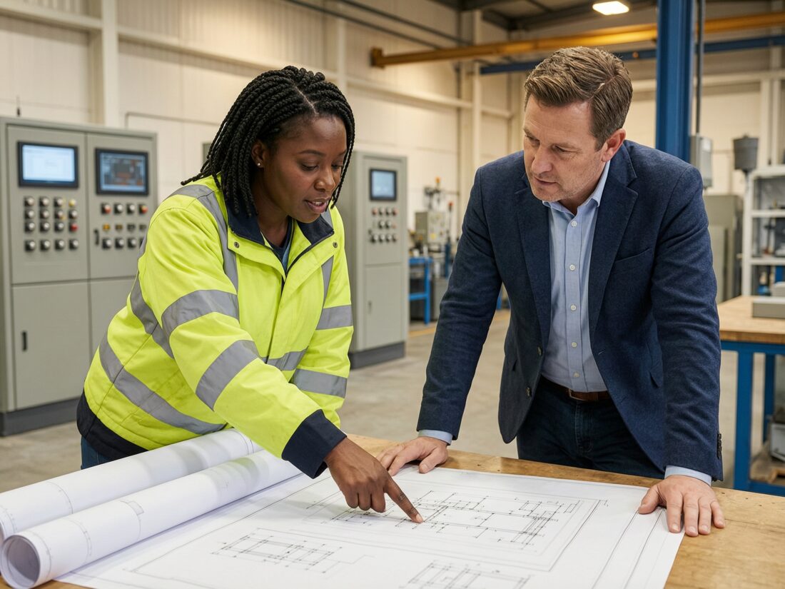 Controls integrator reviewing engineering drawings with client during project evaluation, Charleston SC