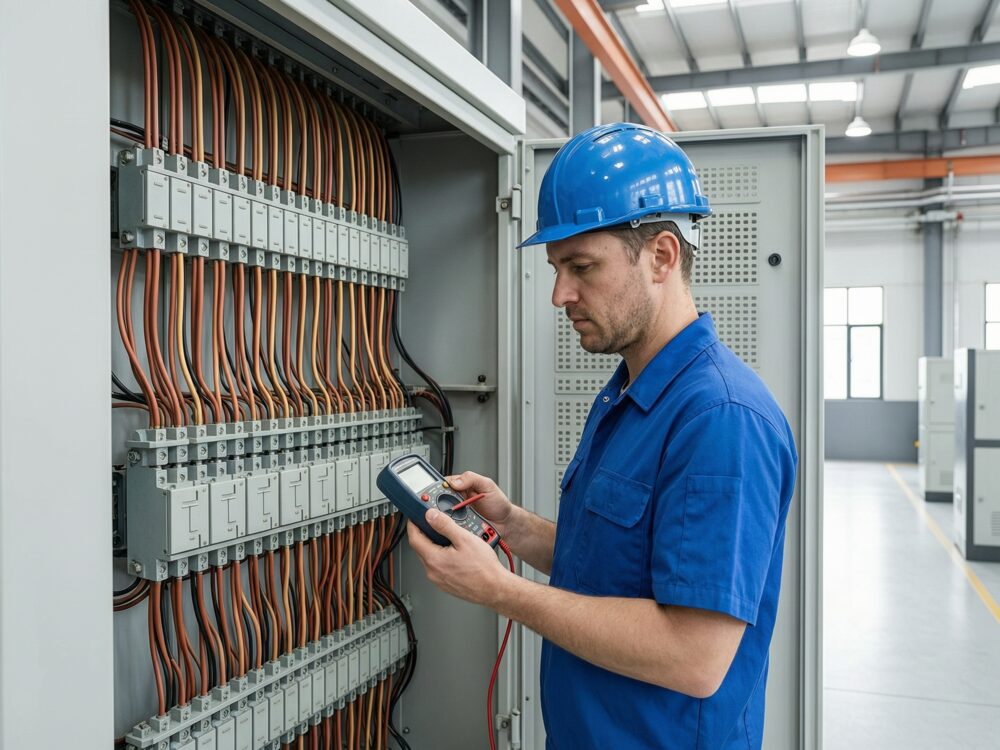 Technician commissioning a motor control center with a multimeter, Charleston SC