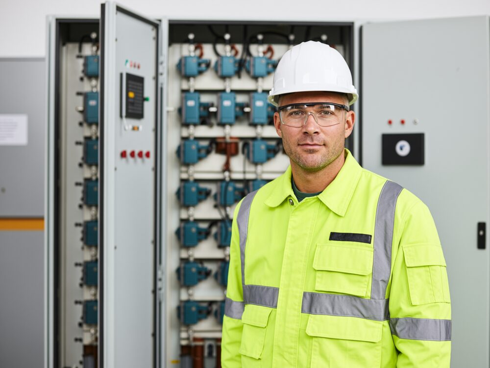 Motor Control Center Installation Technician Charleston SC ELEKproTEK technician in front of an open motor control center enclosure, Charleston SC