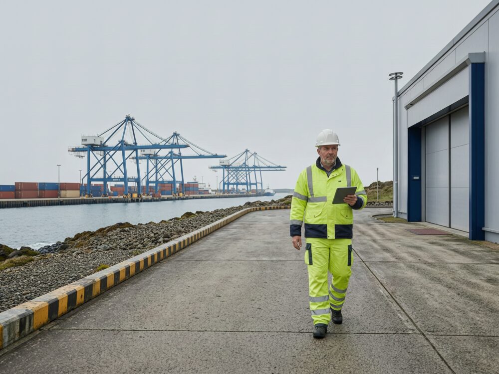 Industrial electrician walking near port facility with shipping cranes, Charleston SC