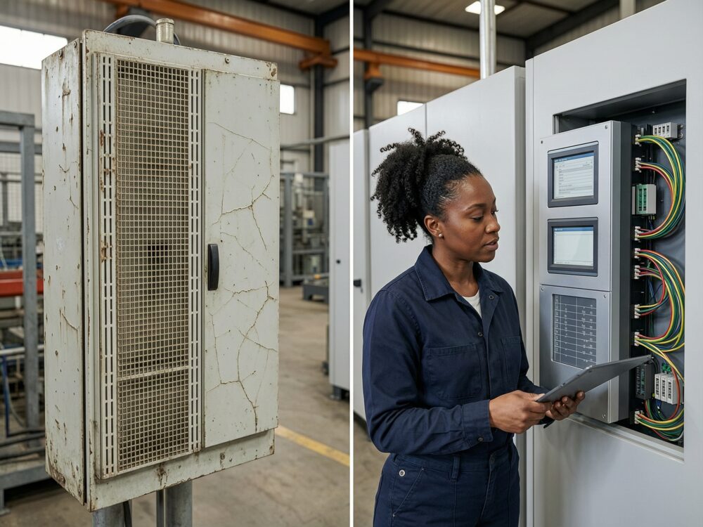 Legacy PLC panel next to modern PLC installation during a migration assessment, Charleston SC