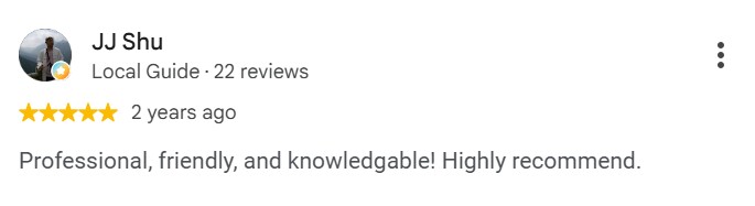 JJ Shu, five star Google review of ELEKproTEK: professional, friendly and knowledgeable