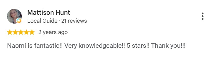 Mattison Hunt, five star Google review of ELEKproTEK: Naomi is fantastic and very knowledgeable