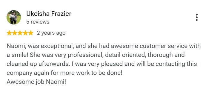 Ukeisha Frazier, five star Google review of ELEKproTEK: professional, thorough and cleaned up afterwards