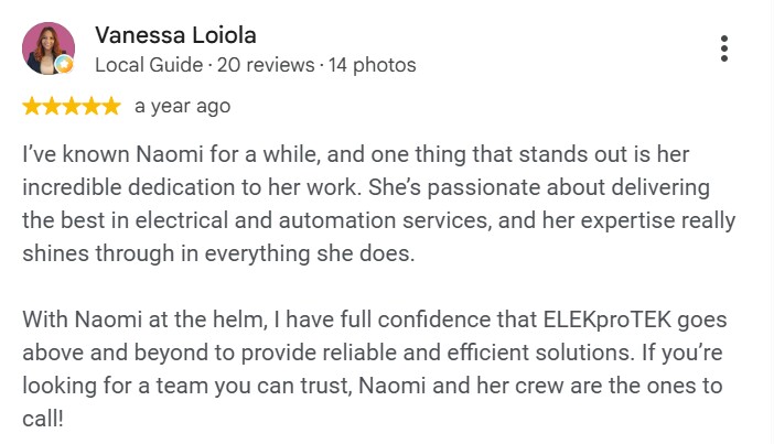 Vanessa Loiola, five star Google review of ELEKproTEK: reliable and efficient electrical and automation services