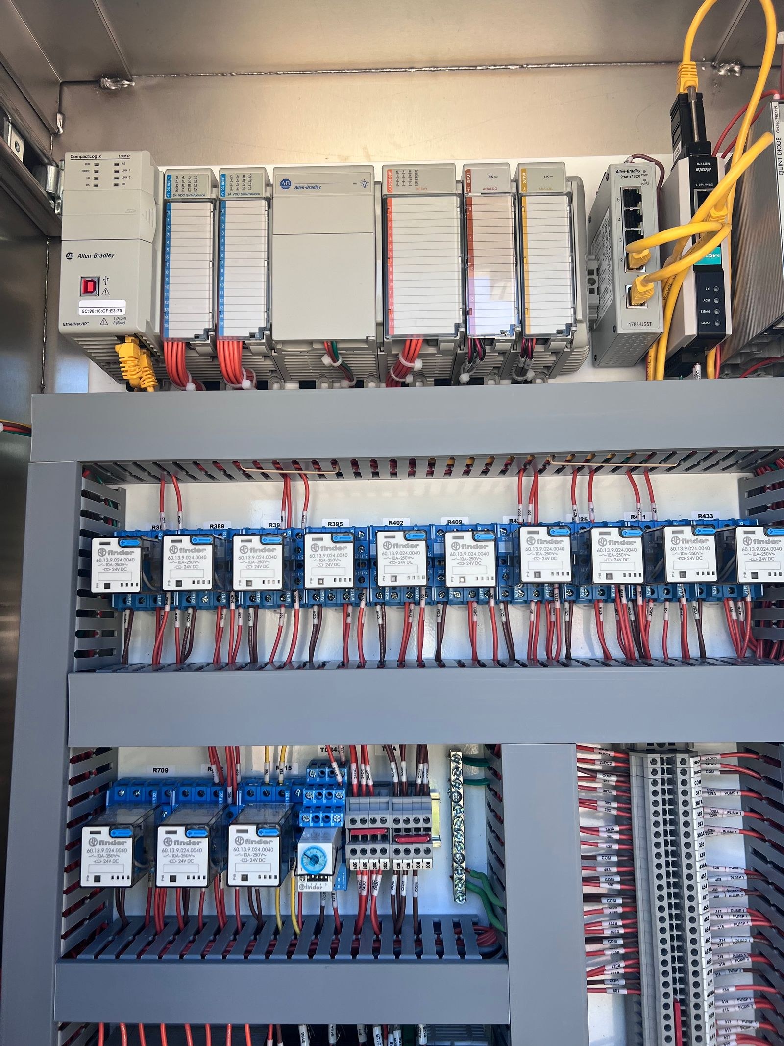 Control panel interior with a row of PLC modules above rows of relays and labeled terminal blocks.