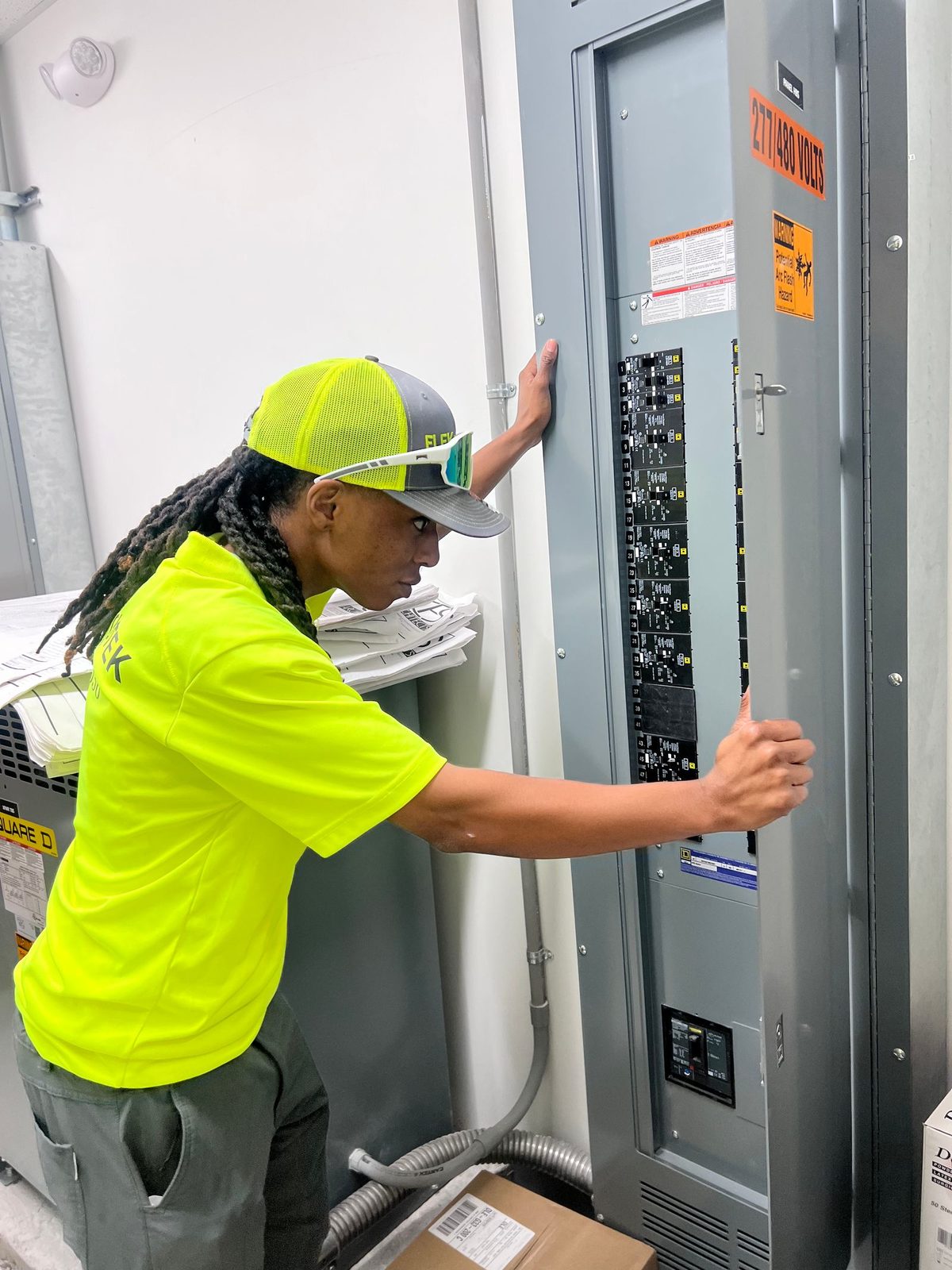 Technician in a cap and safety glasses holding the door of a tall panelboard marked 277/480 volts