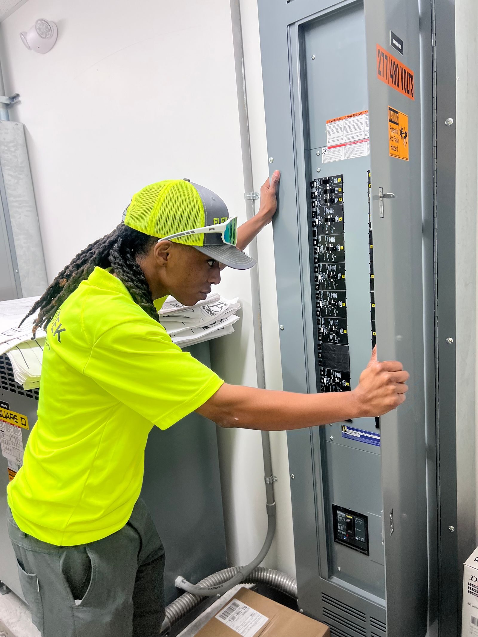 Technician in a cap and safety glasses holding the door of a tall panelboard marked 277/480 volts