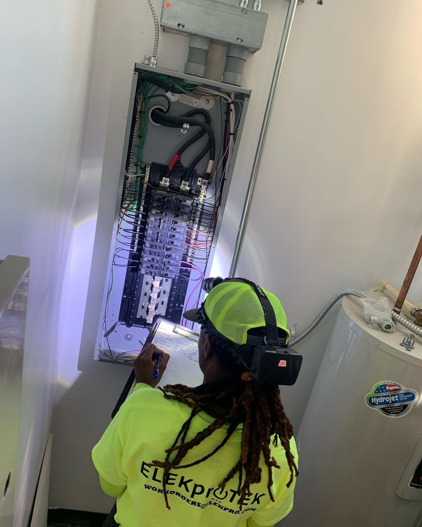 Technician with a headlamp writing on a clipboard while looking into a recessed breaker panel beside a water heater.